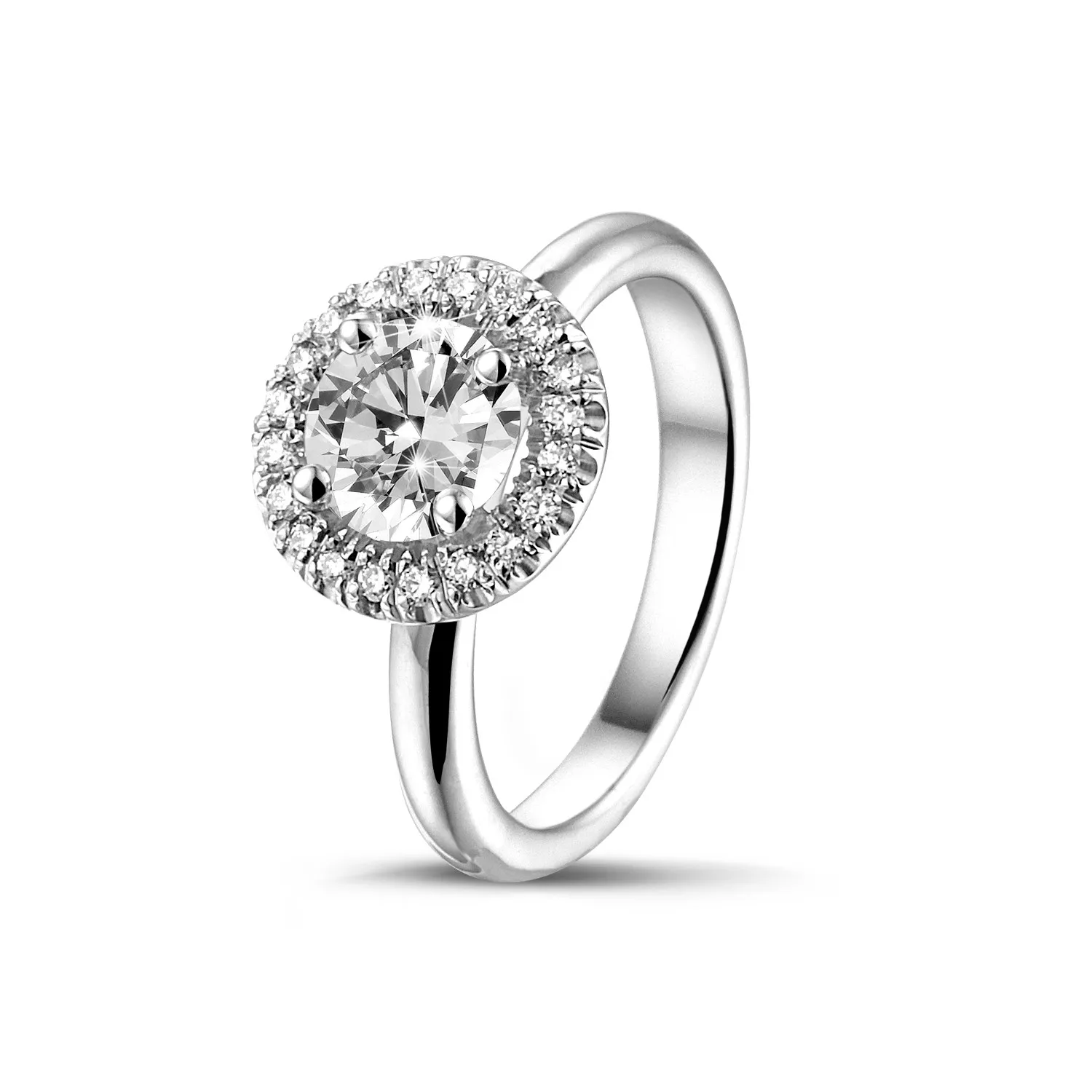 1.00 quilates Halo anillo solitario en platino con diamantes redondos 