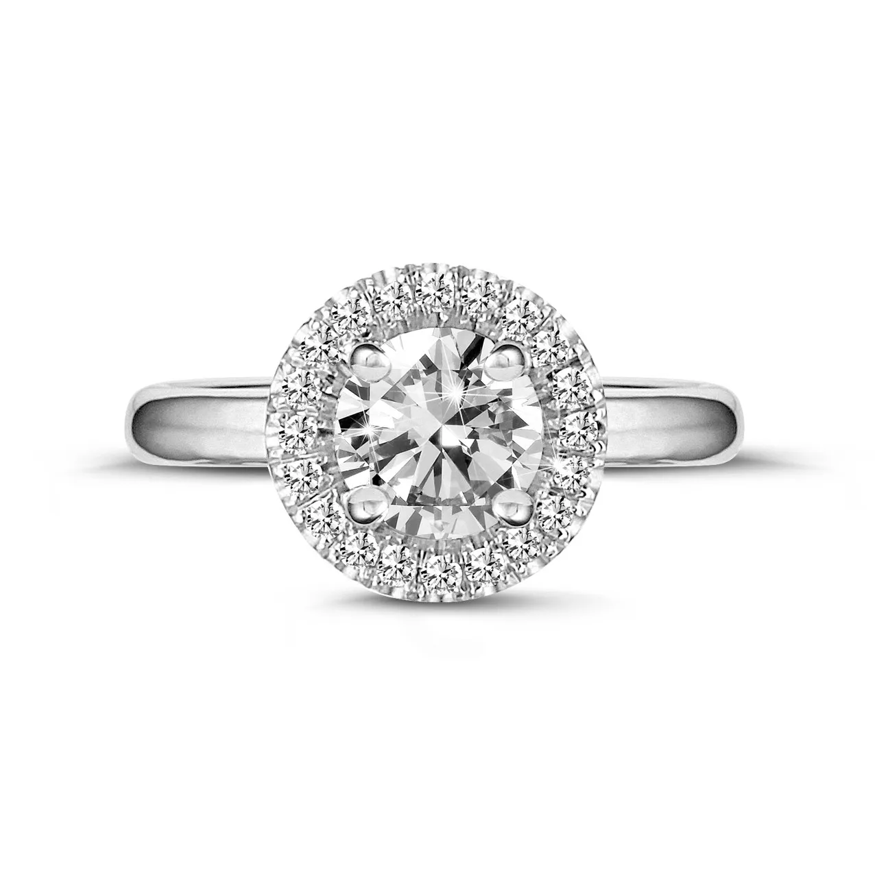 1.00 quilates Halo anillo solitario en platino con diamantes redondos 