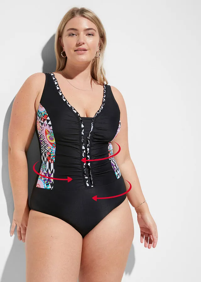 BAñADOR CON LIGERO EFECTO REDUCTOR NEGROBLANCO CON ESTAMPADO GRáFICO