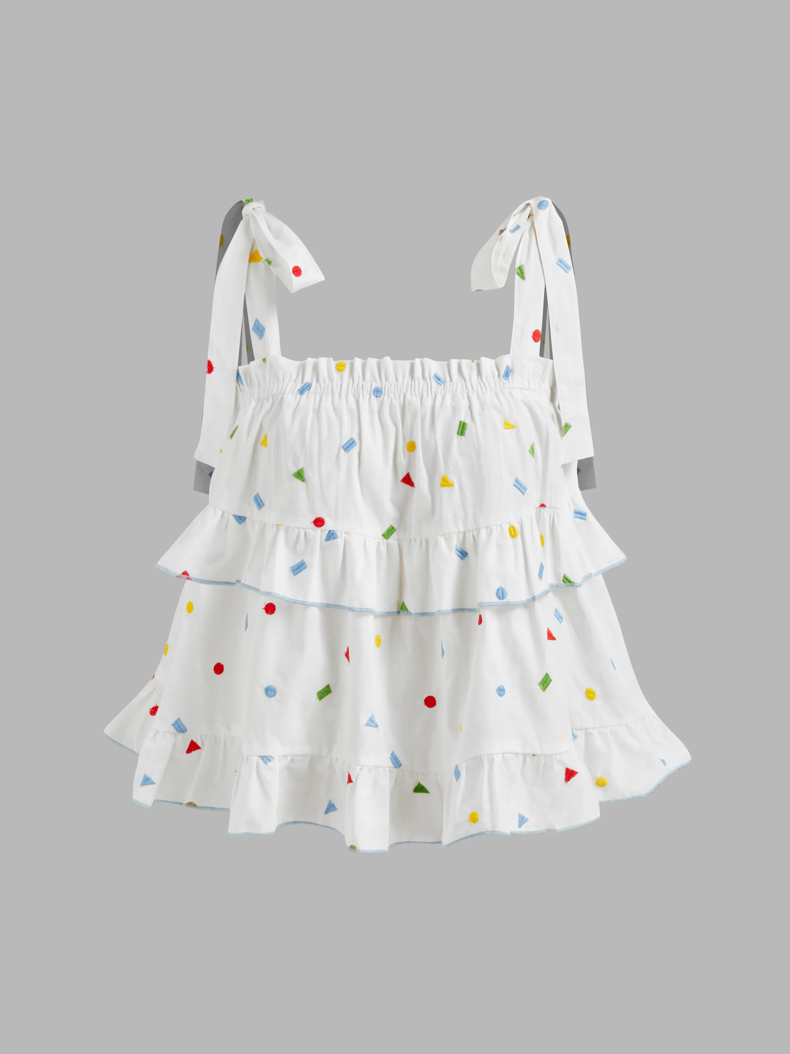Blusa tejida con bordado colorido, nudo, volantes escalonados y ribete de lechuga
