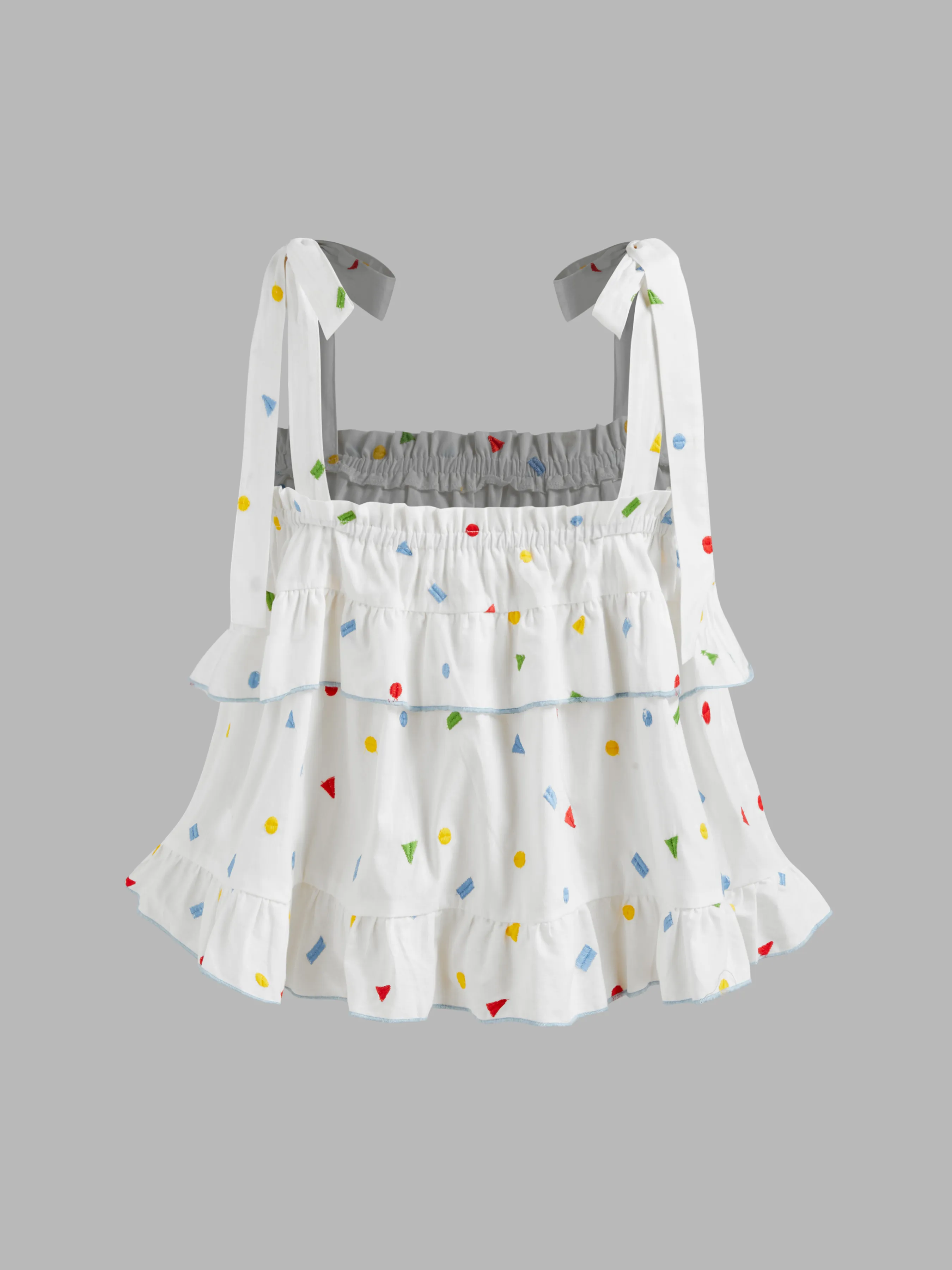 Blusa tejida con bordado colorido, nudo, volantes escalonados y ribete de lechuga