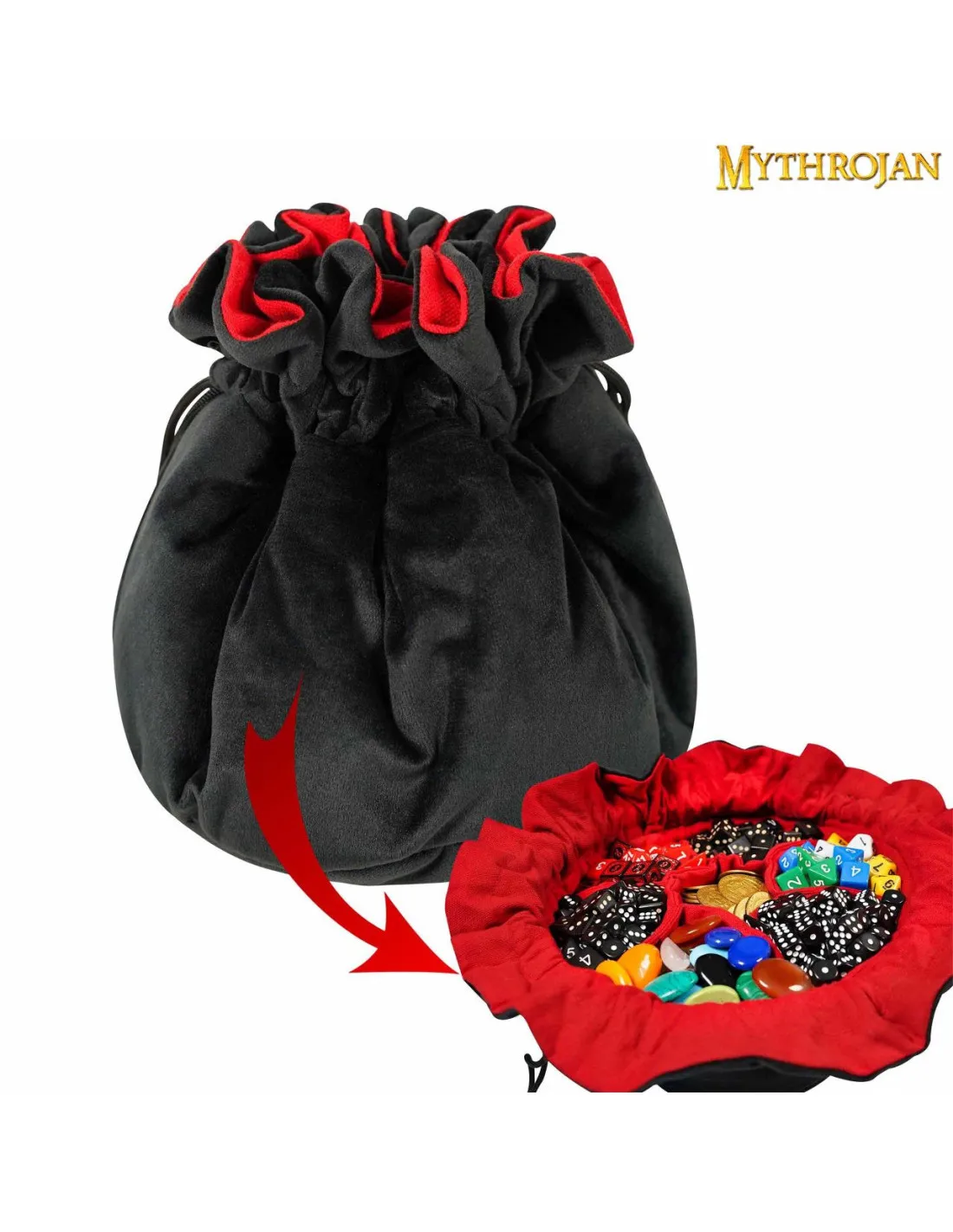 BOLSA MEDIEVAL CON CORDóN PARA DADOS, NEGRO  ROJO