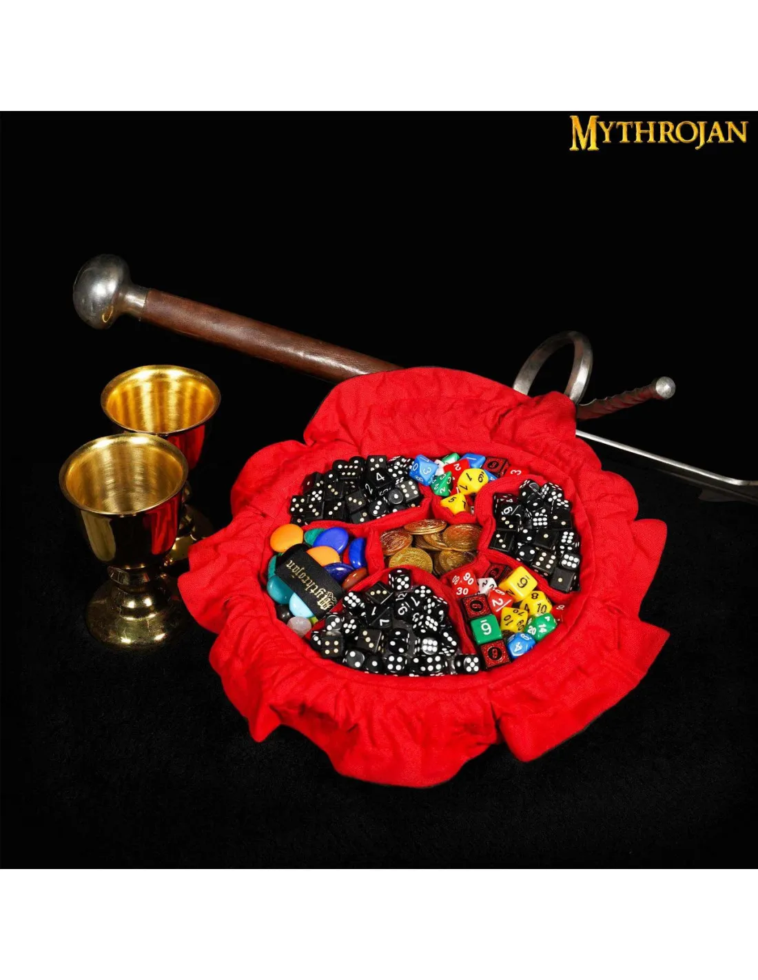 BOLSA MEDIEVAL CON CORDóN PARA DADOS, NEGRO  ROJO