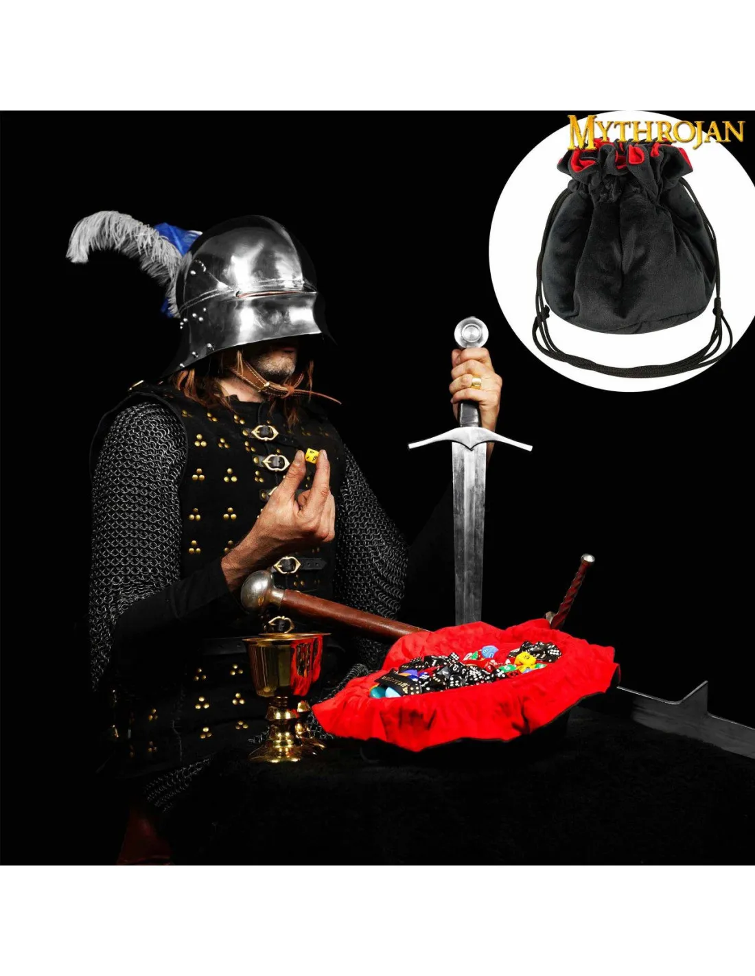 BOLSA MEDIEVAL CON CORDóN PARA DADOS, NEGRO  ROJO