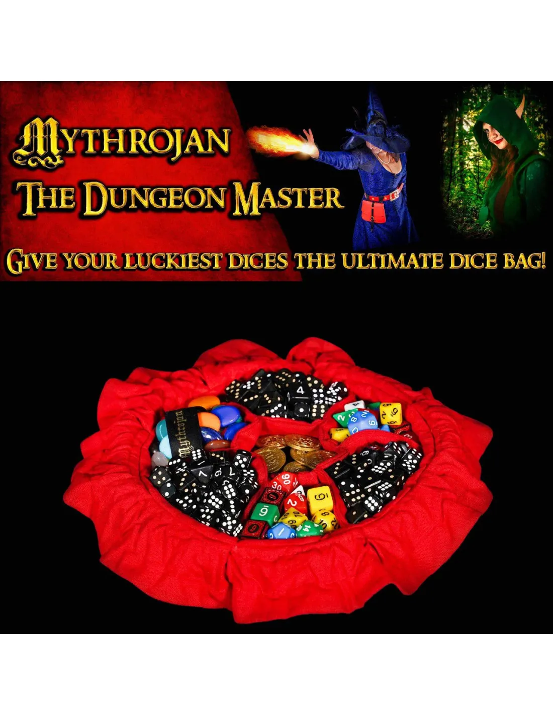 BOLSA MEDIEVAL CON CORDóN PARA DADOS, NEGRO  ROJO