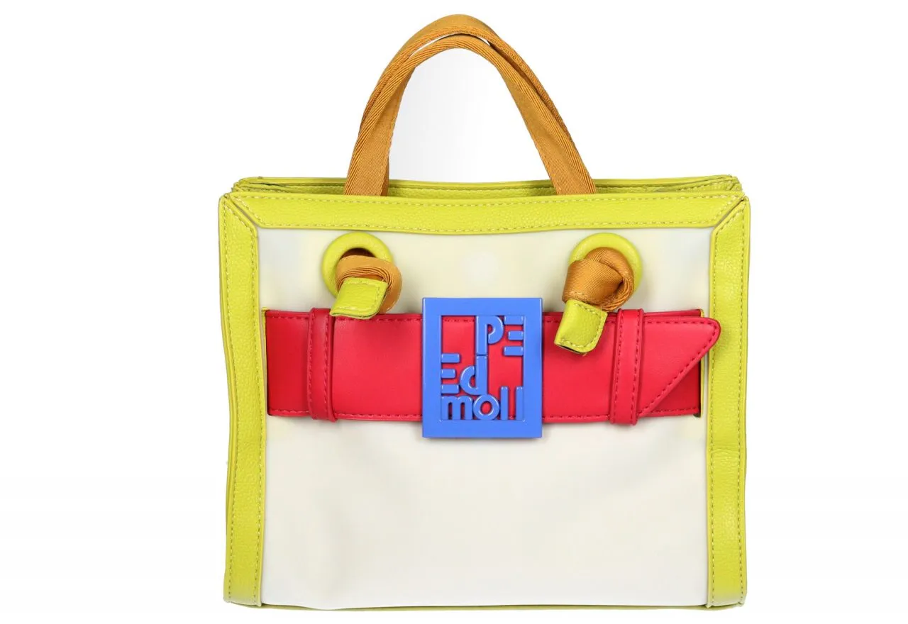 Bolso Mano Vinilo Blanco Cinturon Fuxia Logo Azul Detalles Verde