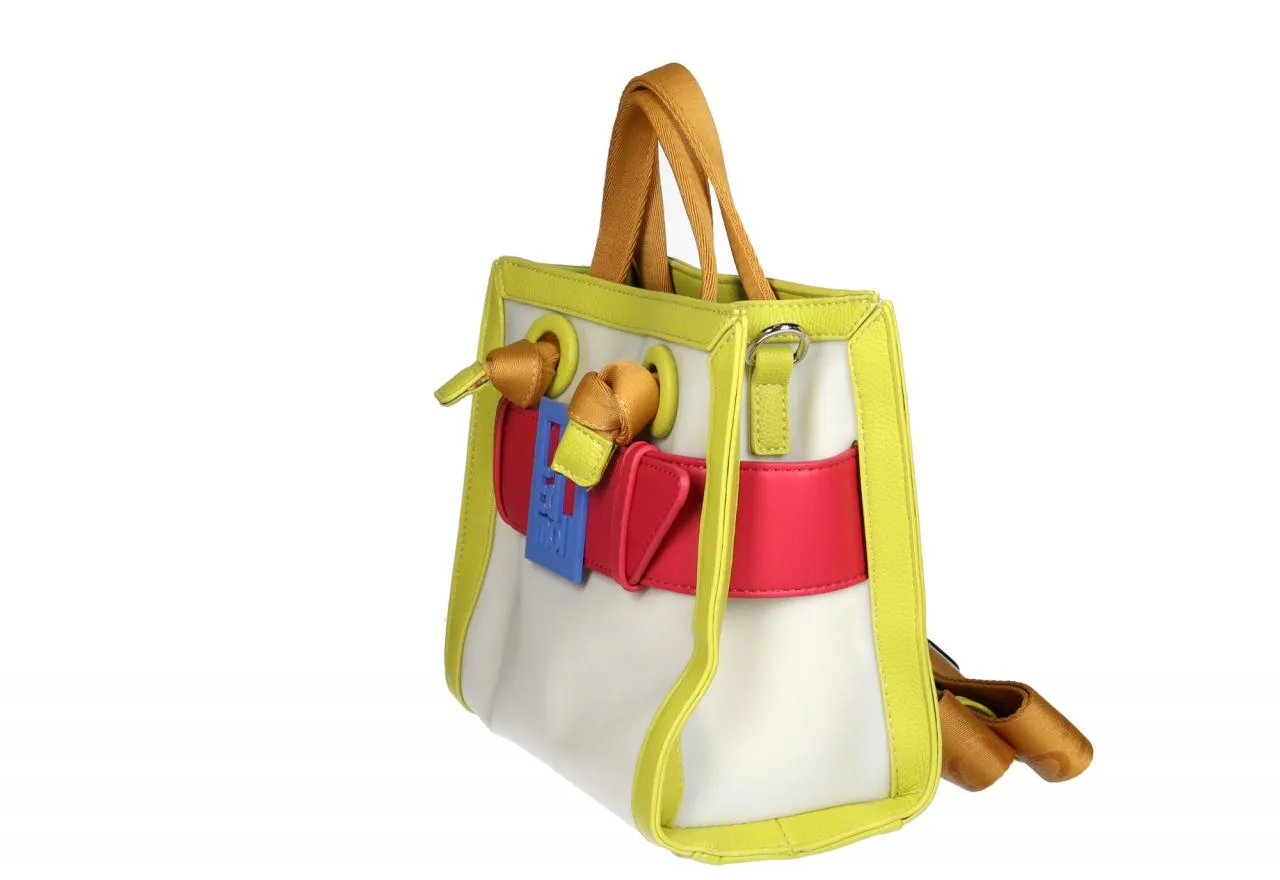 Bolso Mano Vinilo Blanco Cinturon Fuxia Logo Azul Detalles Verde