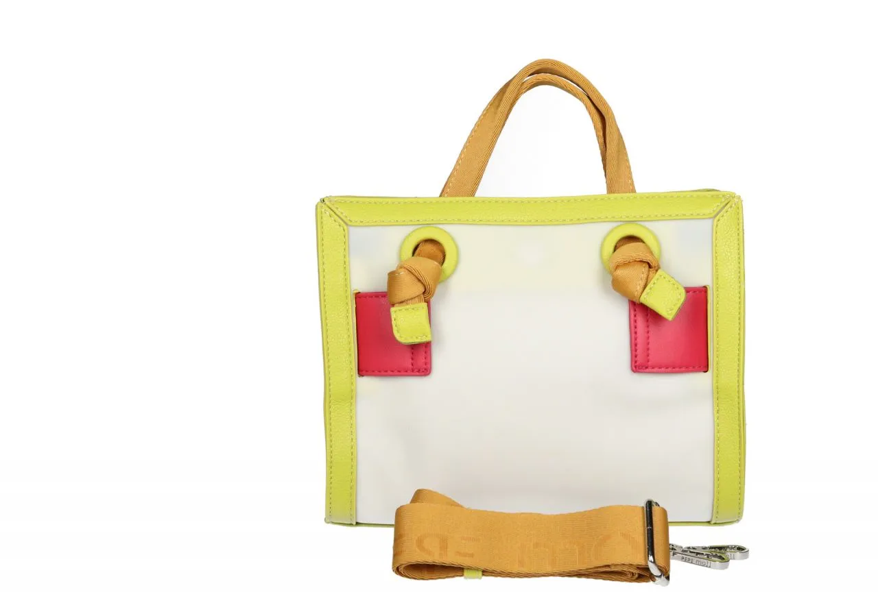 Bolso Mano Vinilo Blanco Cinturon Fuxia Logo Azul Detalles Verde