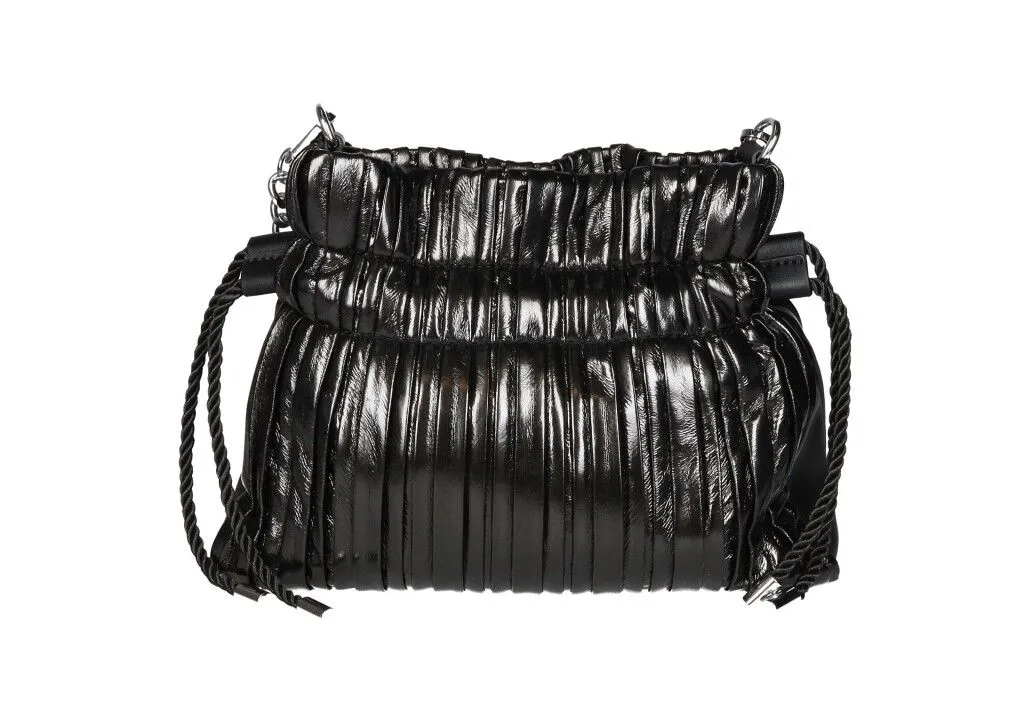 Bolso Plano Negro Metalizado Plisado Asa Cadena
