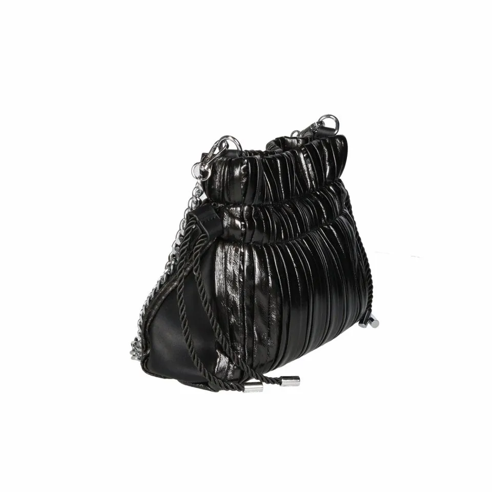 Bolso Plano Negro Metalizado Plisado Asa Cadena