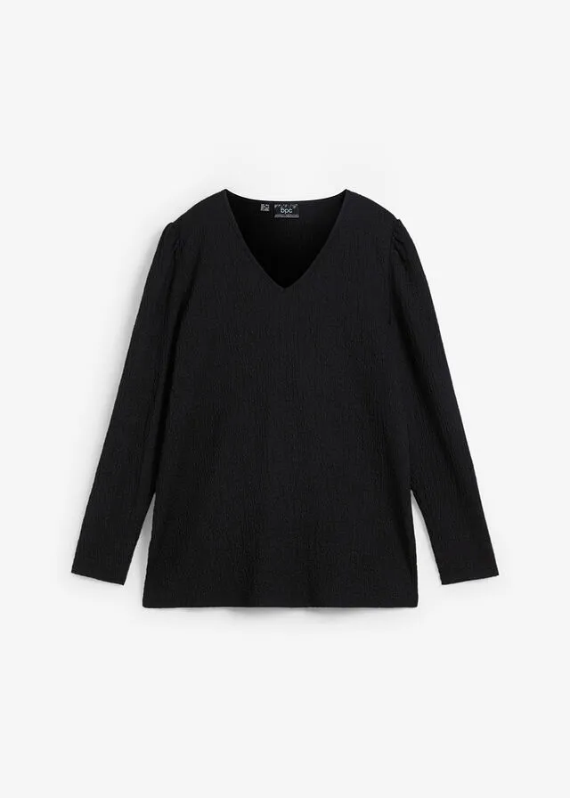 Camiseta de punto texturizado con mangas largas ligeramente abullonadas Negro