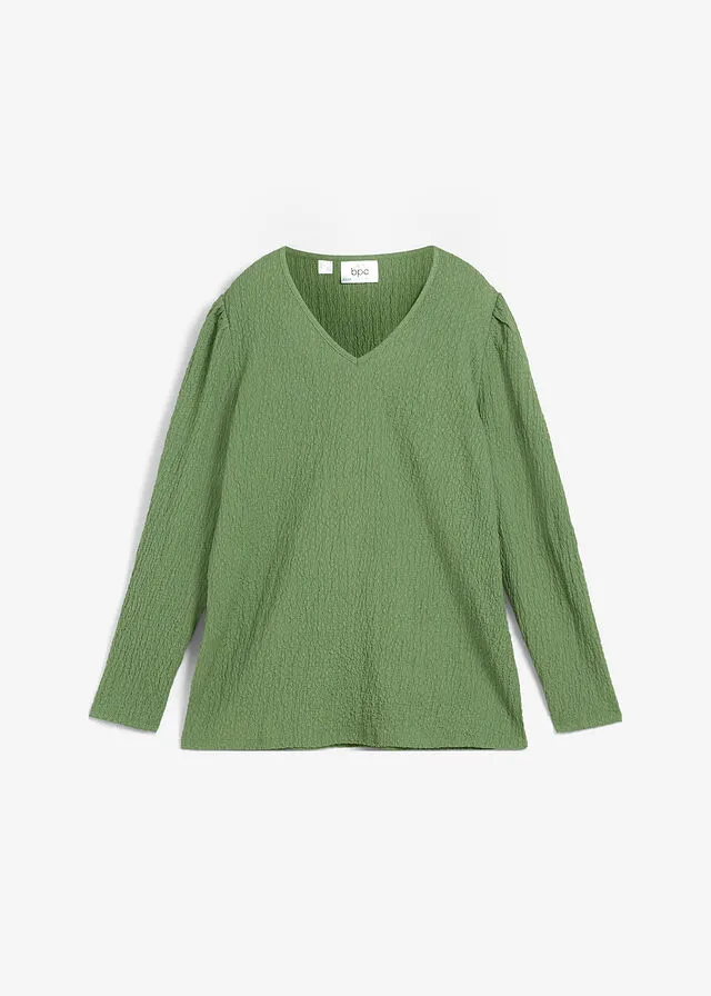 Camiseta de punto texturizado con mangas largas ligeramente abullonadas Verde pino