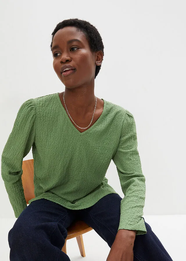 Camiseta de punto texturizado con mangas largas ligeramente abullonadas Verde pino