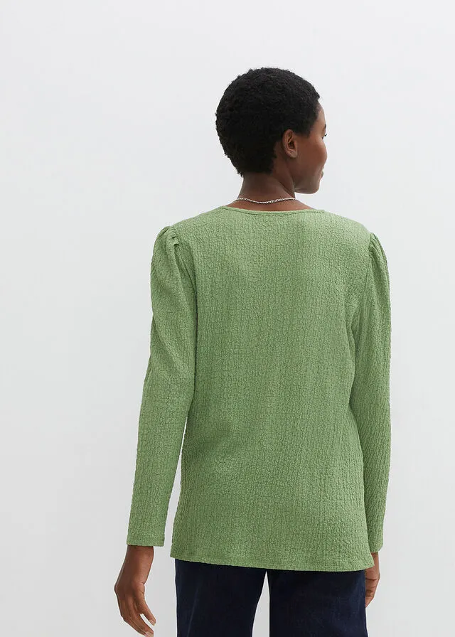 Camiseta de punto texturizado con mangas largas ligeramente abullonadas Verde pino