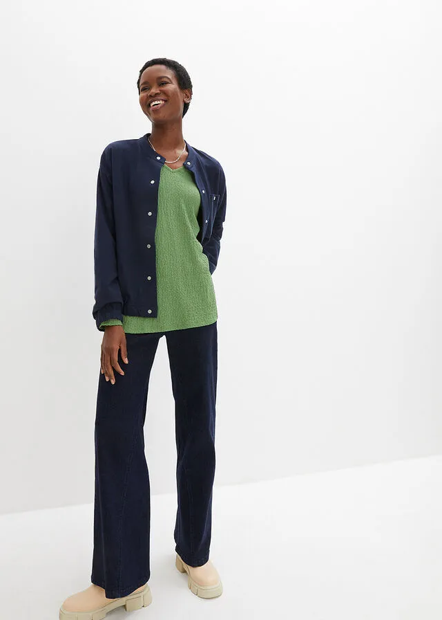Camiseta de punto texturizado con mangas largas ligeramente abullonadas Verde pino
