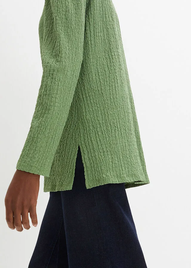 Camiseta de punto texturizado con mangas largas ligeramente abullonadas Verde pino