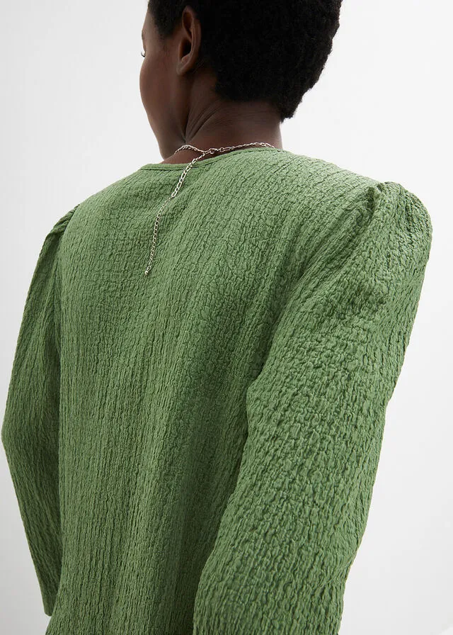 Camiseta de punto texturizado con mangas largas ligeramente abullonadas Verde pino
