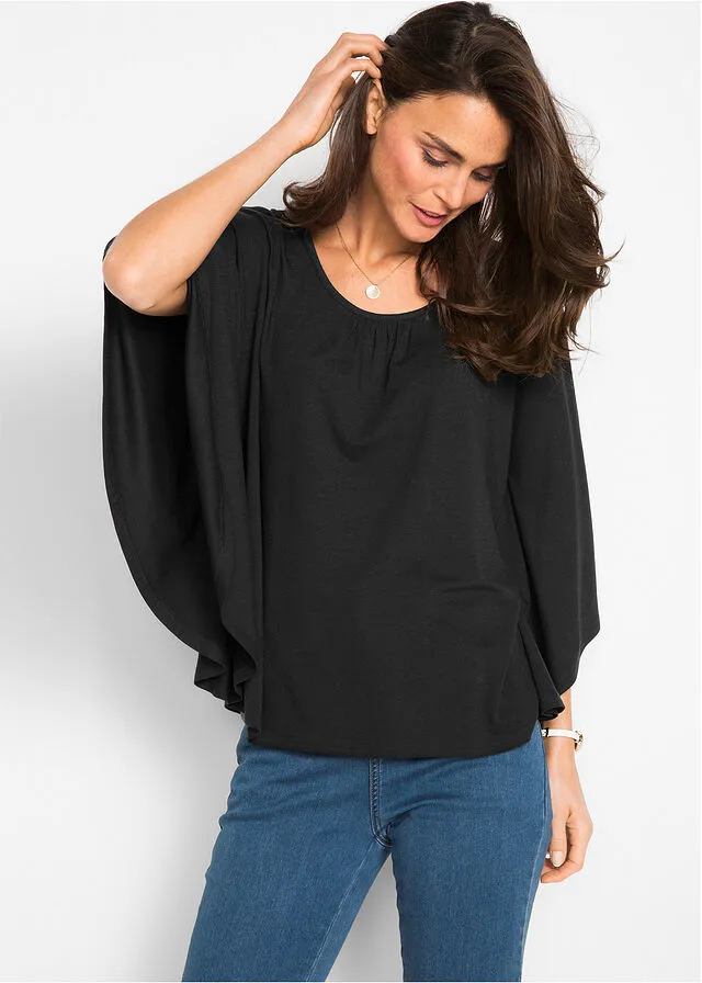 Camiseta de viscosa con mangas de murciélago Negro