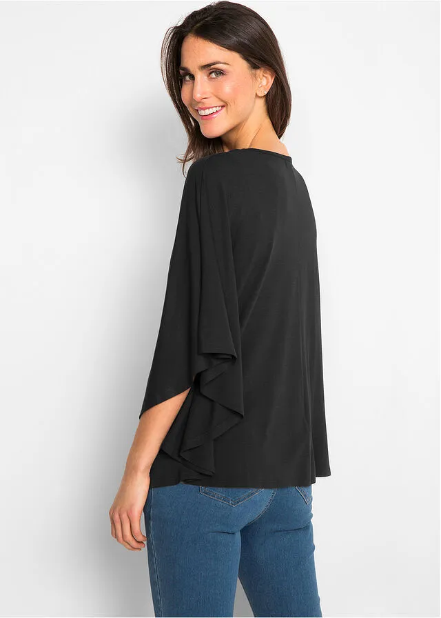 Camiseta de viscosa con mangas de murciélago Negro