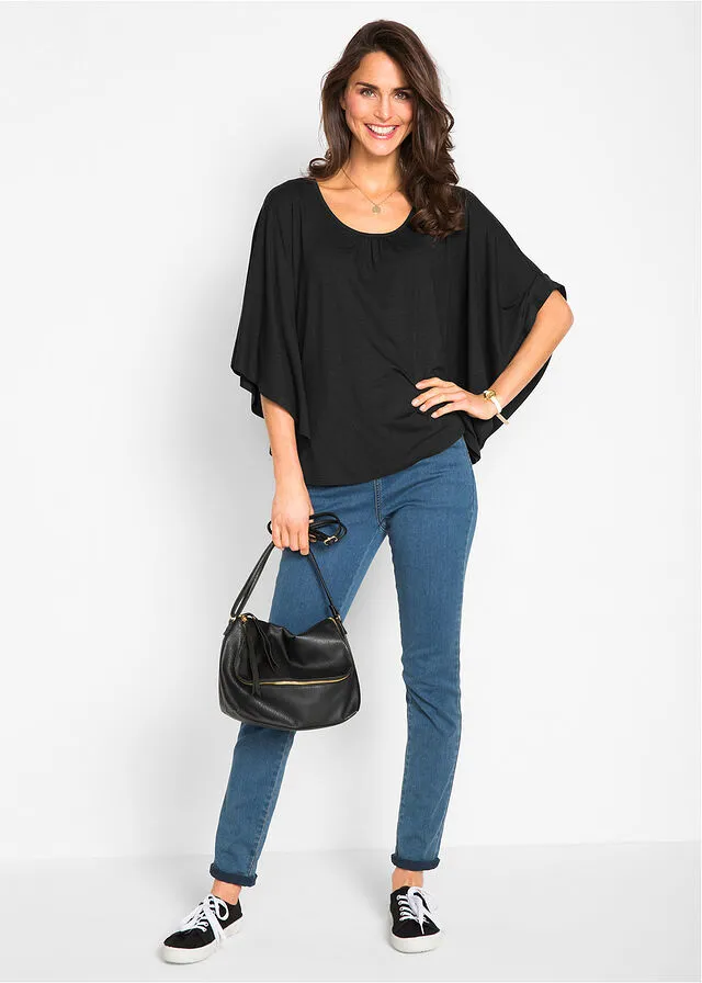 Camiseta de viscosa con mangas de murciélago Negro