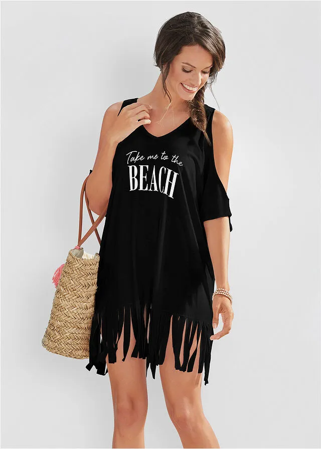 Camiseta larga de playa con aberturas Negro
