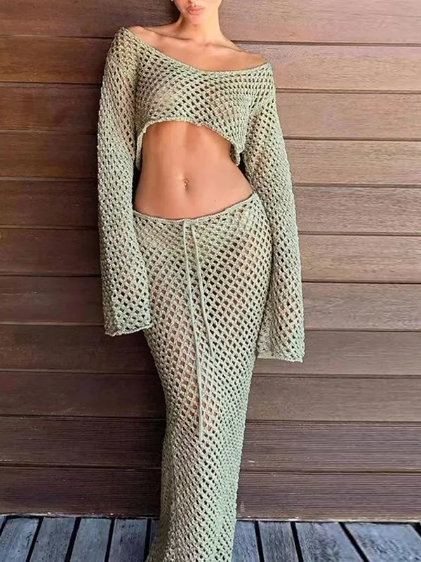 Conjunto de falda larga y de punto de manga larga recortada con aberturas