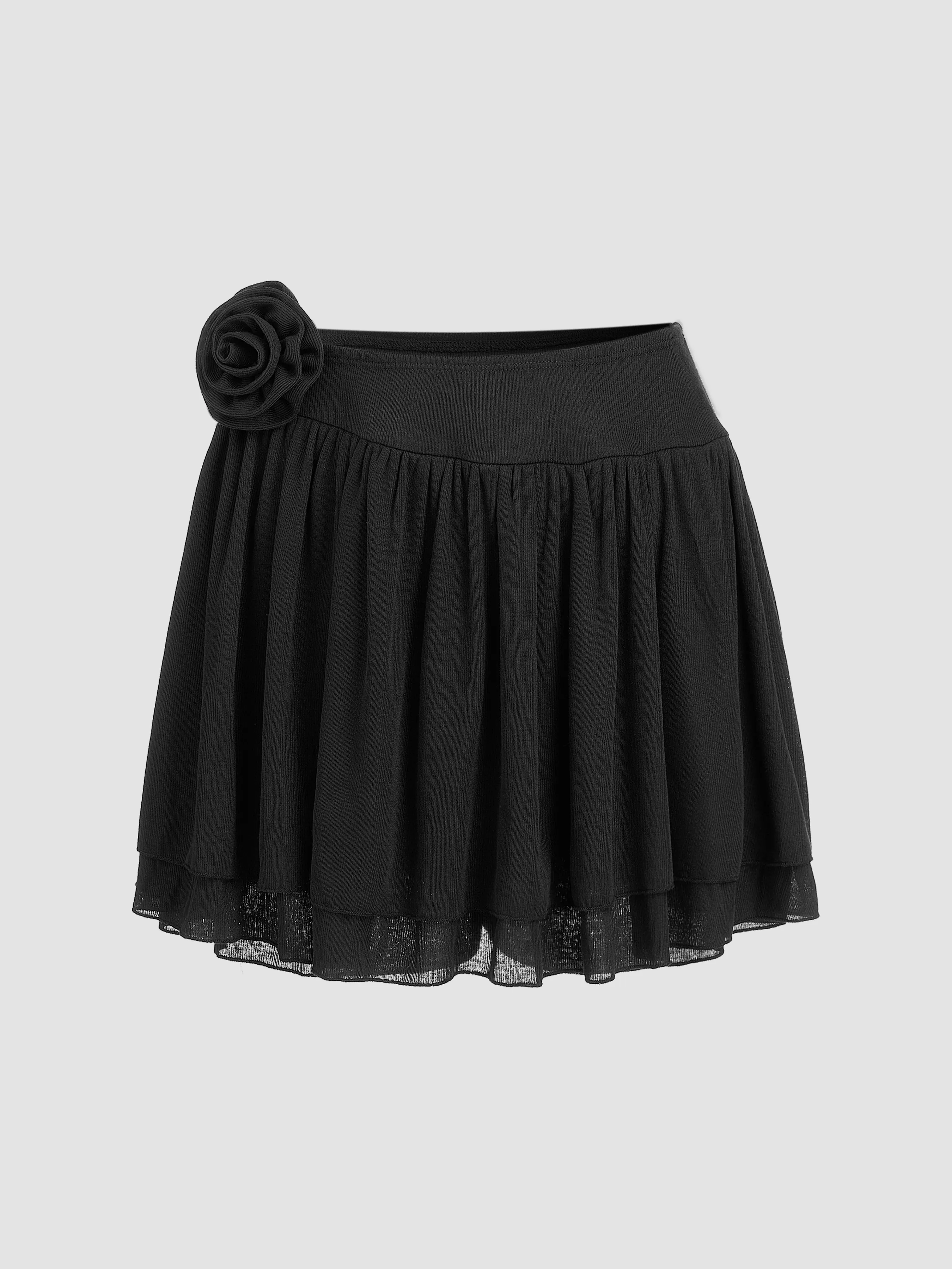  Falda pantalón de encaje plisado con decoración de rosa de cintura media