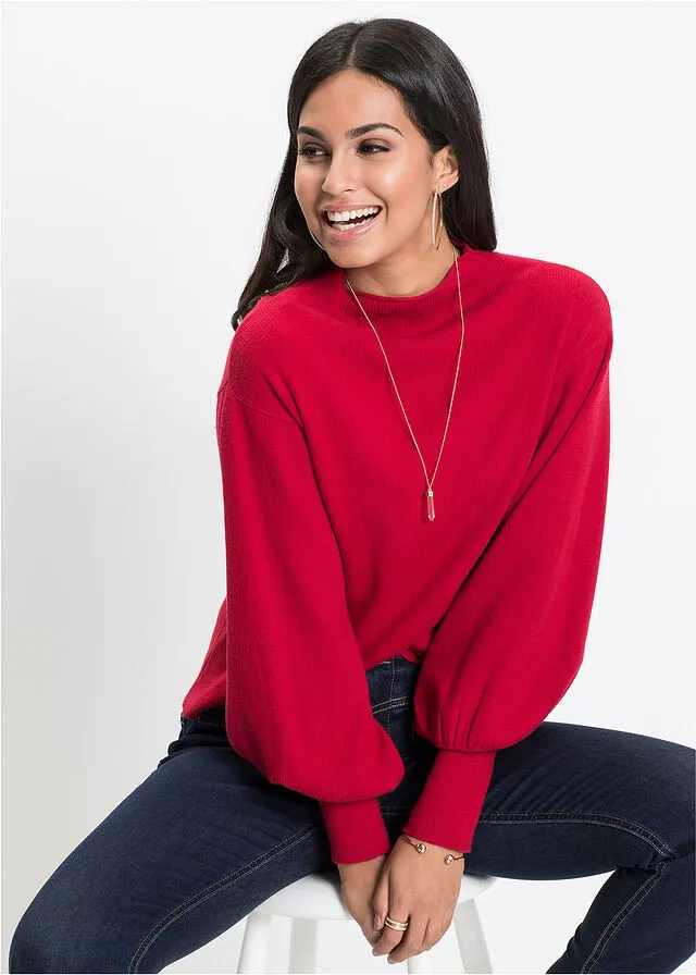 Jersey de punto con mangas abullonadas Rojo oscuro