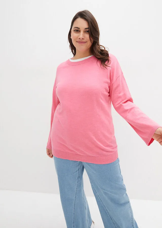 Jersey ligero de punto fino con mangas anchas y aberturas laterales de algodón Celeste