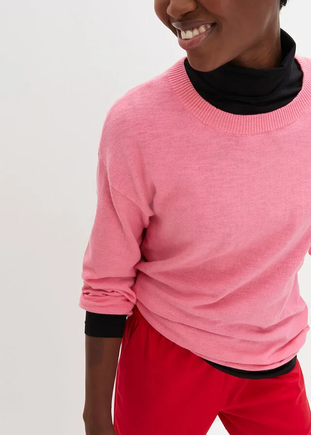 Jersey ligero de punto fino con mangas anchas y aberturas laterales de algodón Rosa brillante