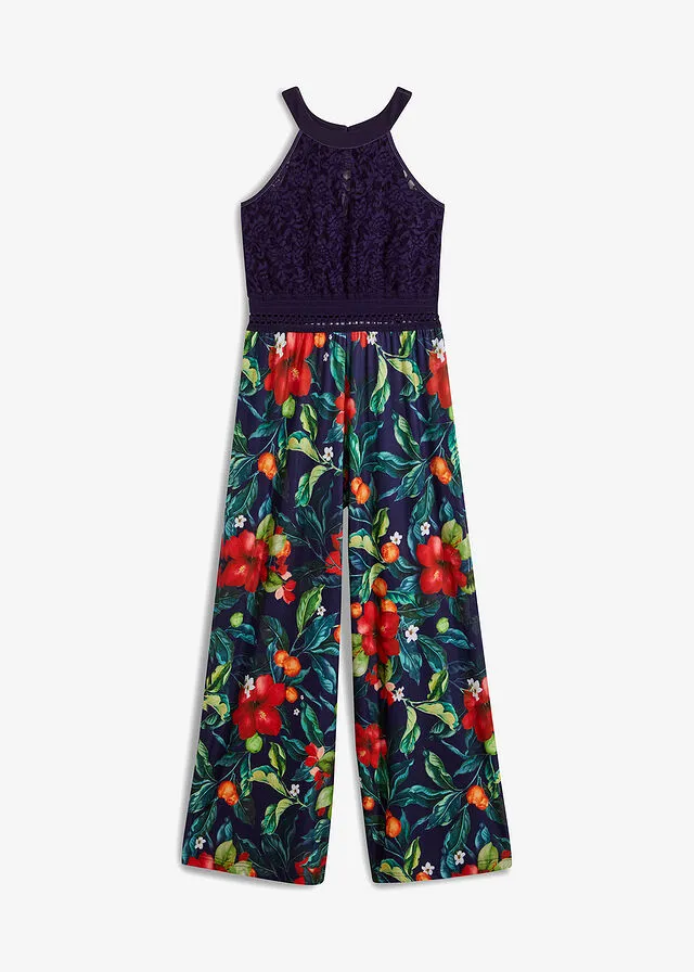 MONO CON ESCOTE HALTER AZUL MARINOROJO CON FLORES