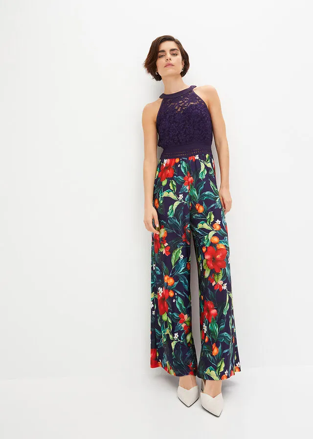 MONO CON ESCOTE HALTER AZUL MARINOROJO CON FLORES