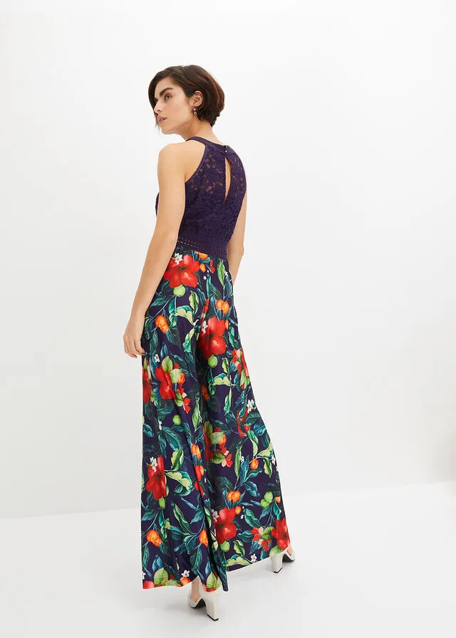 MONO CON ESCOTE HALTER AZUL MARINOROJO CON FLORES