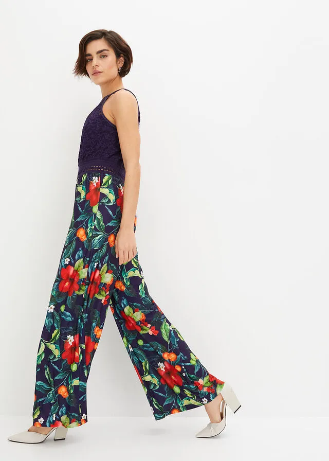 MONO CON ESCOTE HALTER AZUL MARINOROJO CON FLORES