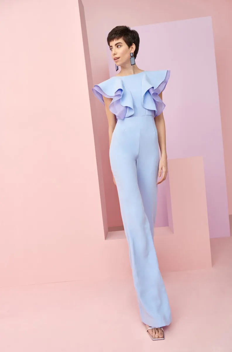 Mono de volantes crepe y organza azul Hampton