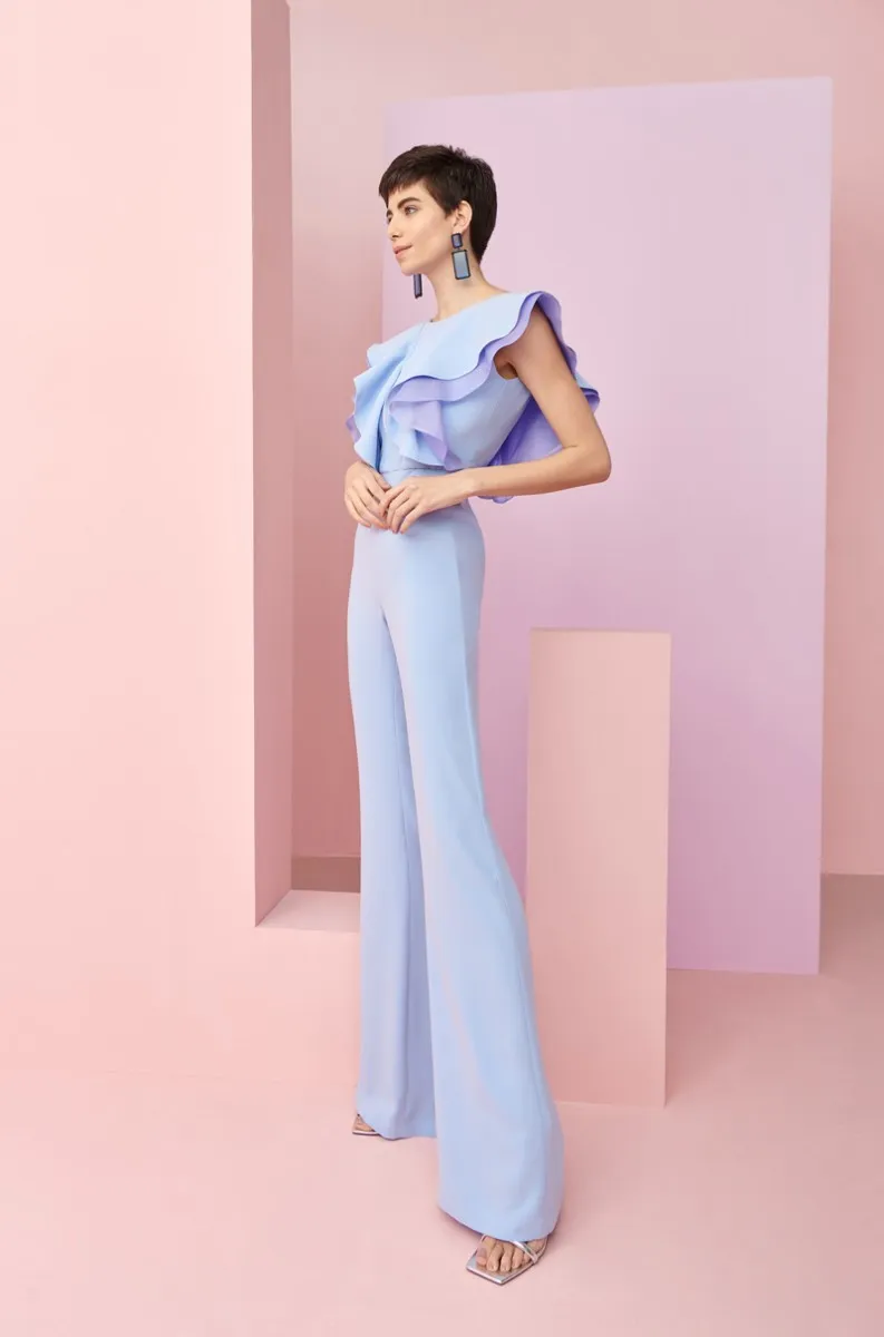 Mono de volantes crepe y organza azul Hampton