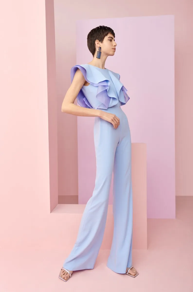 Mono de volantes crepe y organza azul Hampton