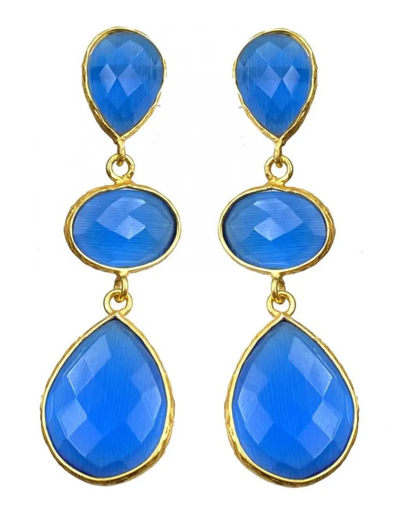 PENDIENTES LARGOS AZULES DE PIEDRAS OJO DE GATO PARA BODAS