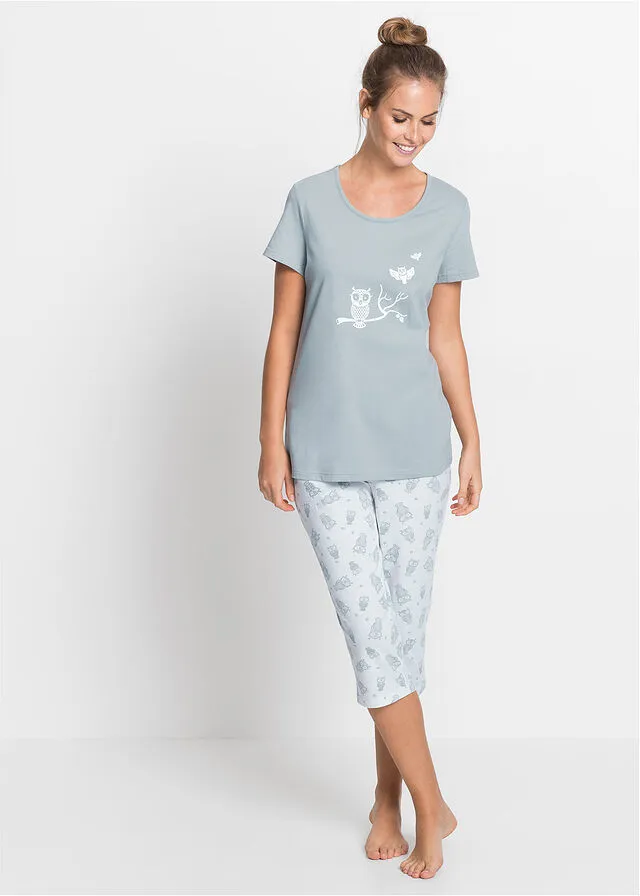 PIJAMA CAPRI CON MANGAS CORTAS GRIS PLATEADOBLANCO