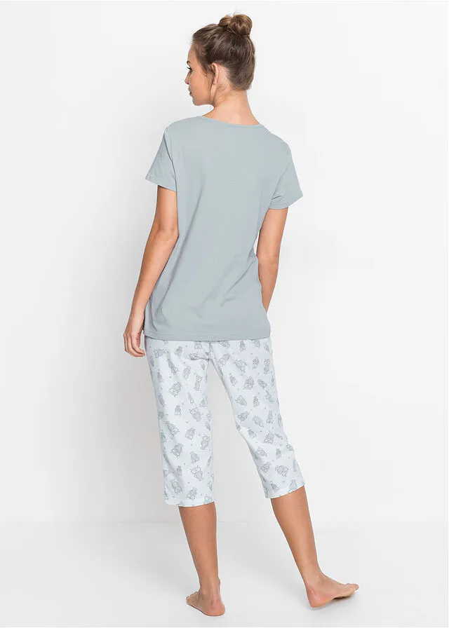 PIJAMA CAPRI CON MANGAS CORTAS GRIS PLATEADOBLANCO