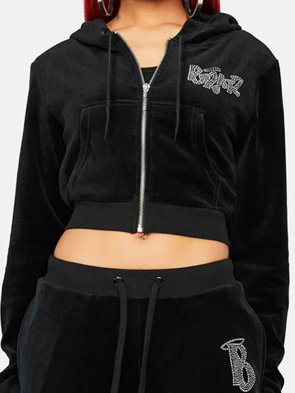 Sudadera con capucha corta con estampado de diamantes de imitación y letras