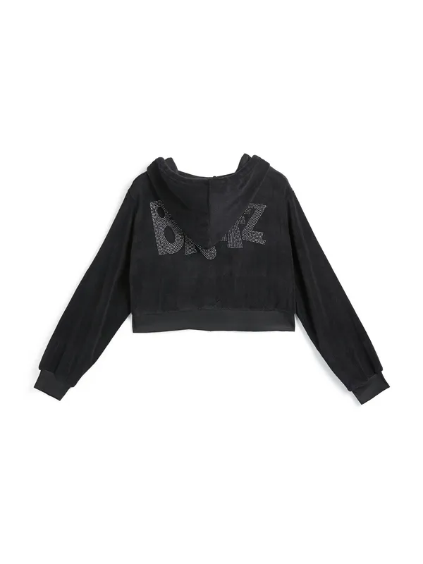 Sudadera con capucha corta con estampado de diamantes de imitación y letras