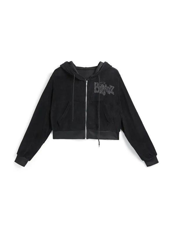 Sudadera con capucha corta con estampado de diamantes de imitación y letras
