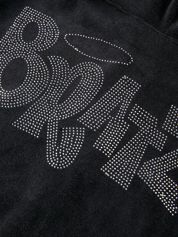 Sudadera con capucha corta con estampado de diamantes de imitación y letras