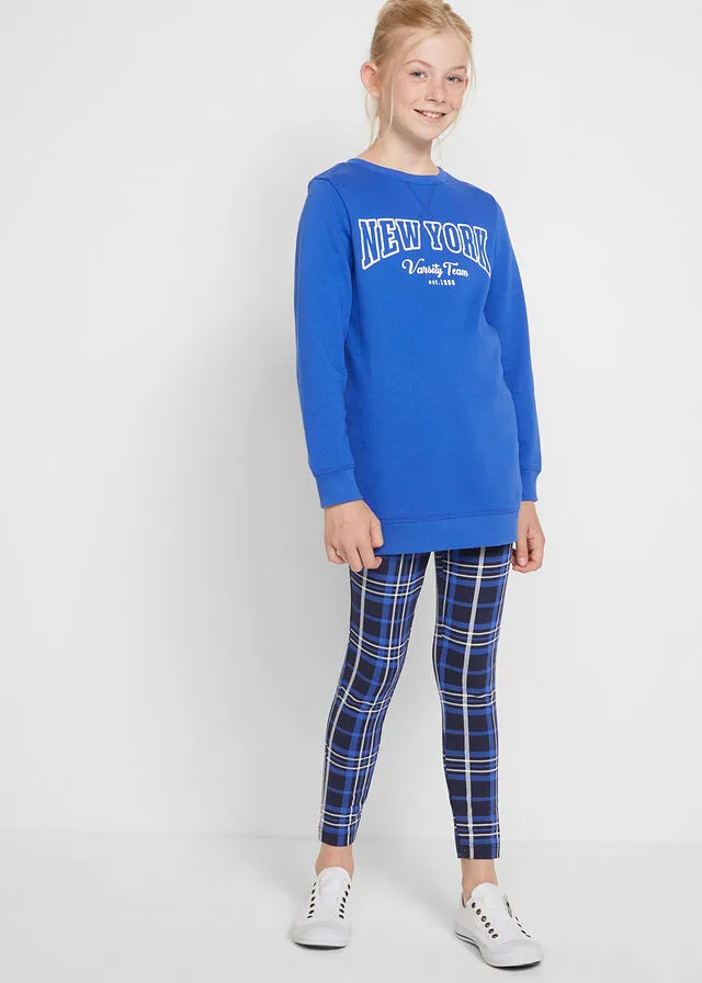 Sudadera larga + leggings de cuadros para niñas (2 unidades) piezas) Azul zafiro/blanco lana