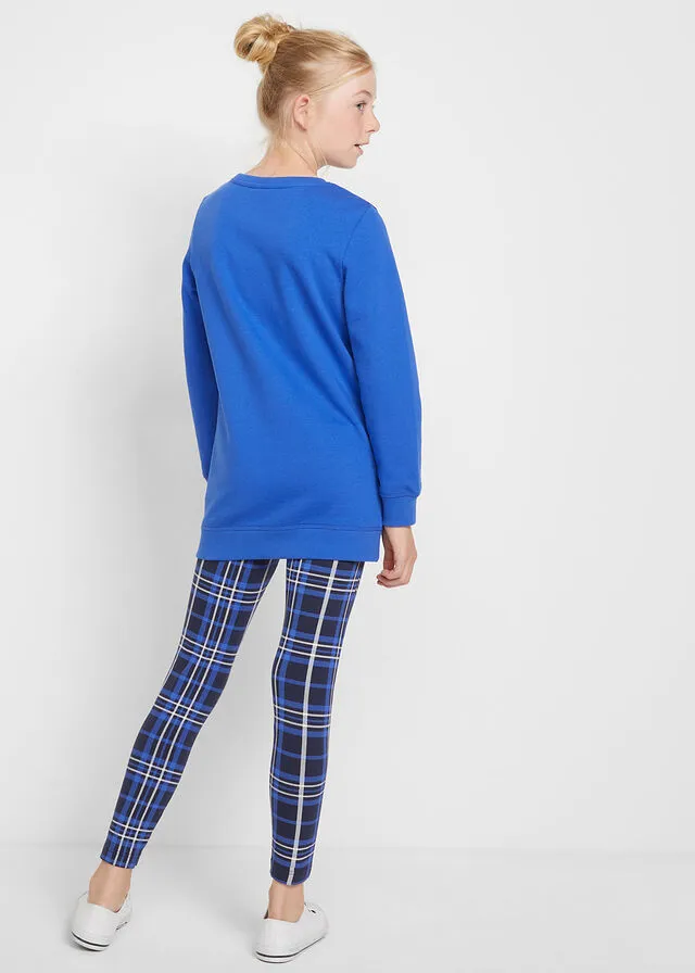 Sudadera larga + leggings de cuadros para niñas (2 unidades) piezas) Azul zafiro/blanco lana