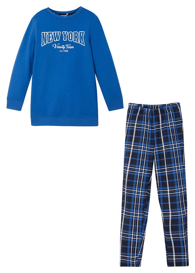 Sudadera larga + leggings de cuadros para niñas (2 unidades) piezas) Azul zafiro/blanco lana