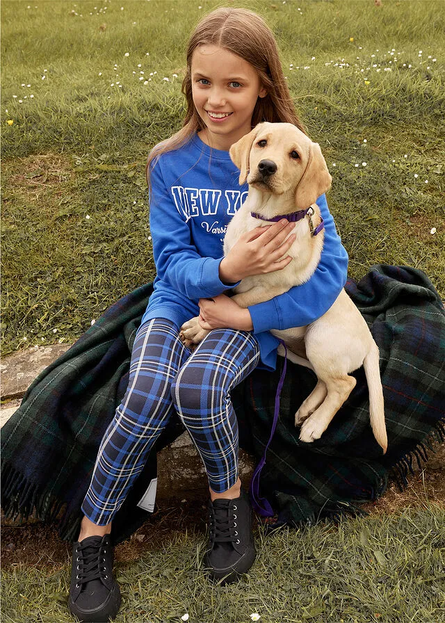Sudadera larga + leggings de cuadros para niñas (2 unidades) piezas) Azul zafiro/blanco lana