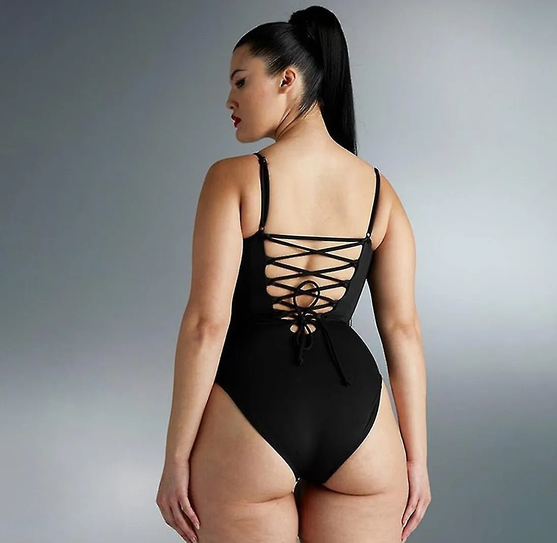 Traje de baño para mujer Traje de baño plisado cruzado trasero V Cuello alto Corte alto Correa de espagueti Traje de baño