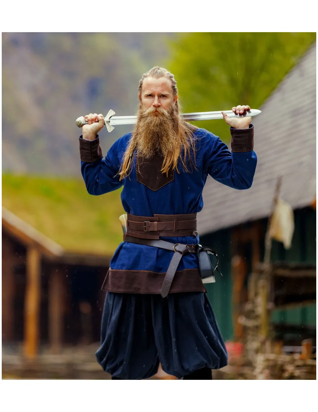 Túnica vikinga de lana modelo Roland, azul oscuro